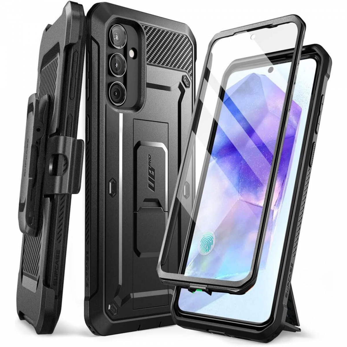 Custodia per telefono nera, con supporto e protezione schermo. Il telefono è all'interno, con un'impronta digitale.
