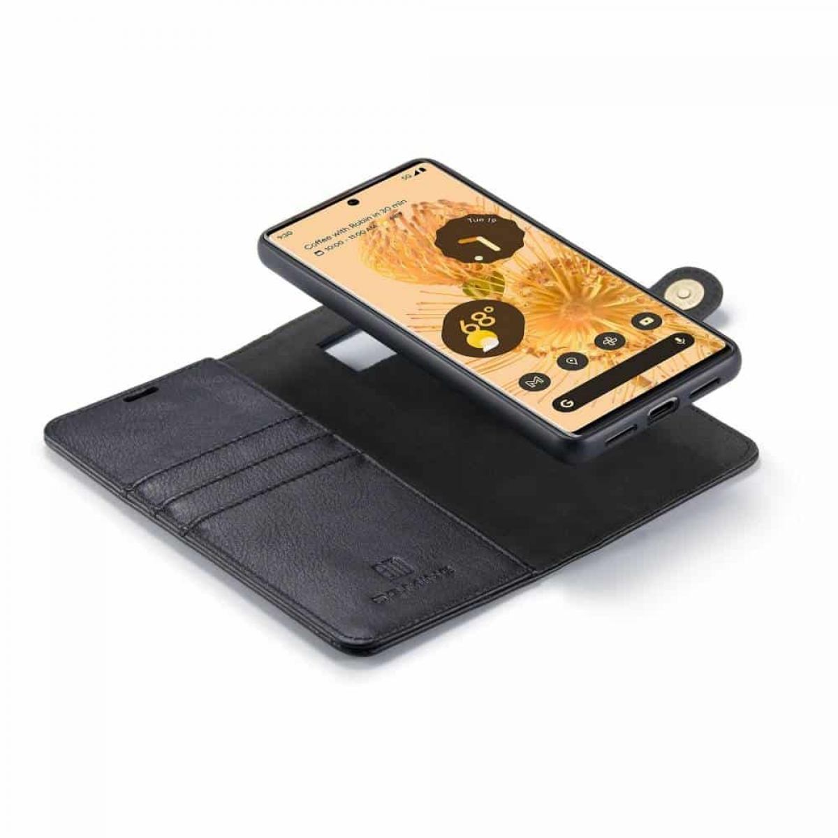 Telefon in einer Brieftasche, zeigt den Bildschirm. Schwarze Lederhülle.