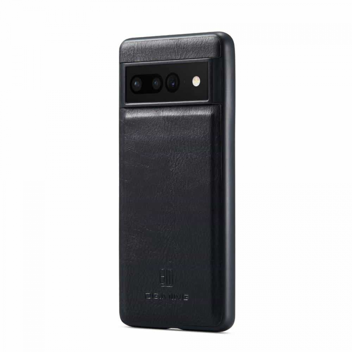 Schwarze Handyhülle mit schwarzem Lederlook, bedeckt die Rückseite eines Telefons. Die Rückseite zeigt die Kamera.