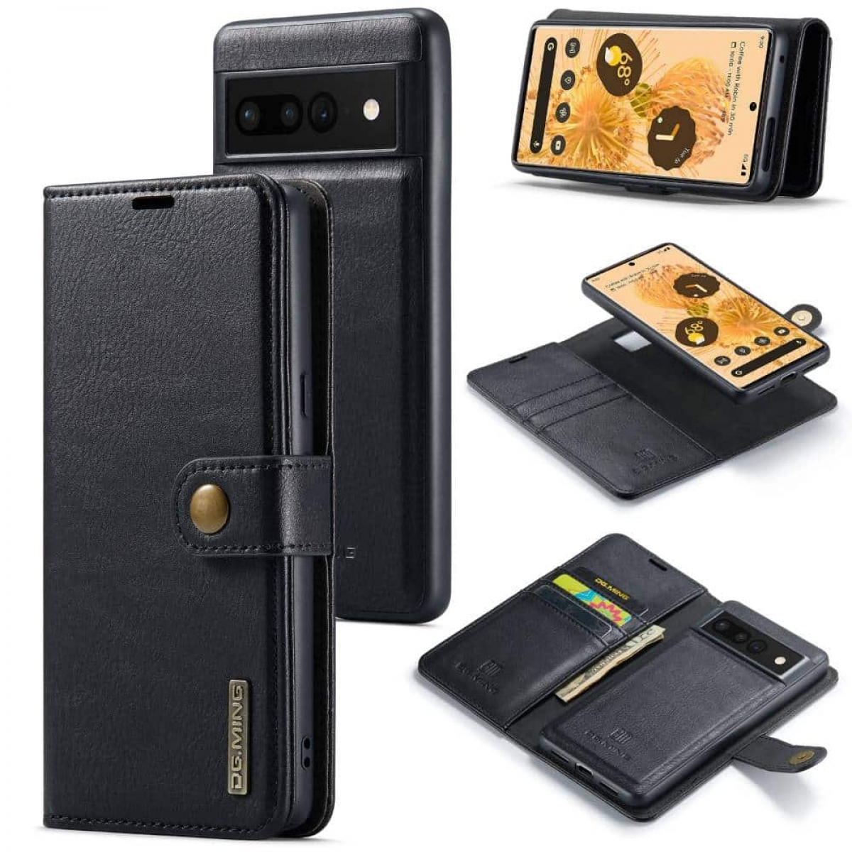 Eine schwarze Handyhülle mit Brieftaschenfunktion. Sie hat einen Schnappverschluss, Kartenfächer und einen Telefonhalter, mit einem Telefon darin.