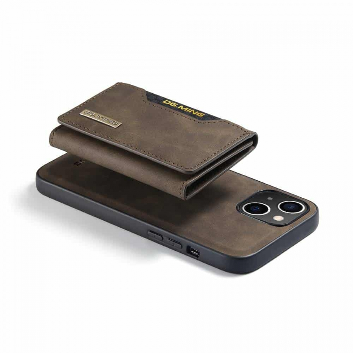 Braune Handyhülle und ein Portemonnaie. Das Portemonnaie ist leicht geöffnet und auf der Hülle platziert.