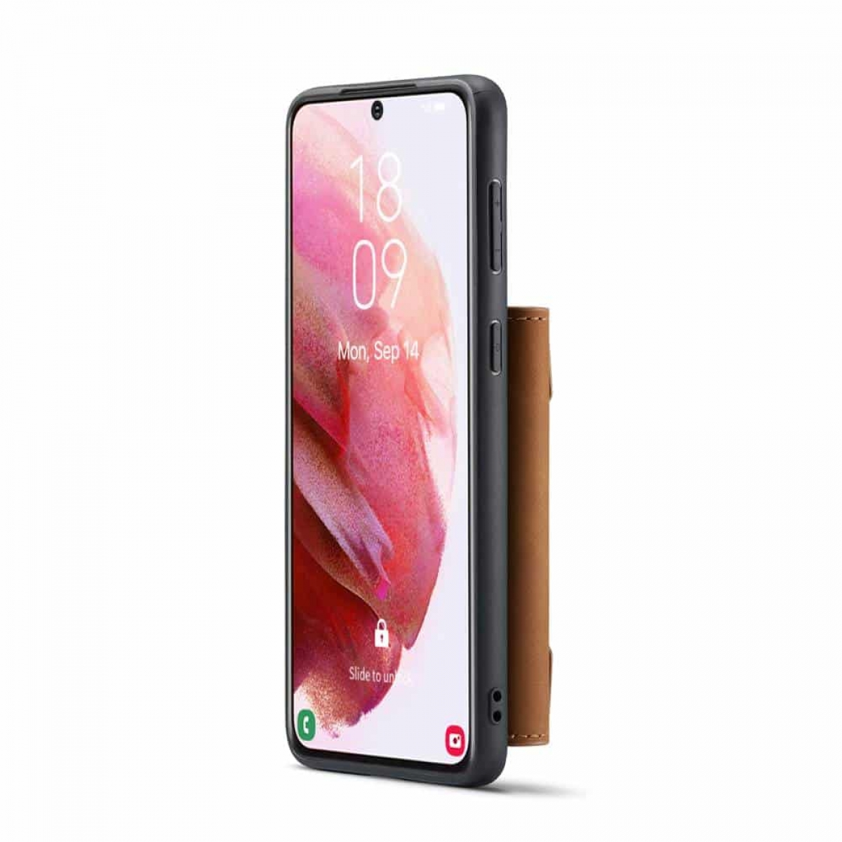 Ein Smartphone mit einem Bildschirm, der Datum und Uhrzeit anzeigt, in einem Gehäuse, das sich auf einem braunen Lederetui abstützt.