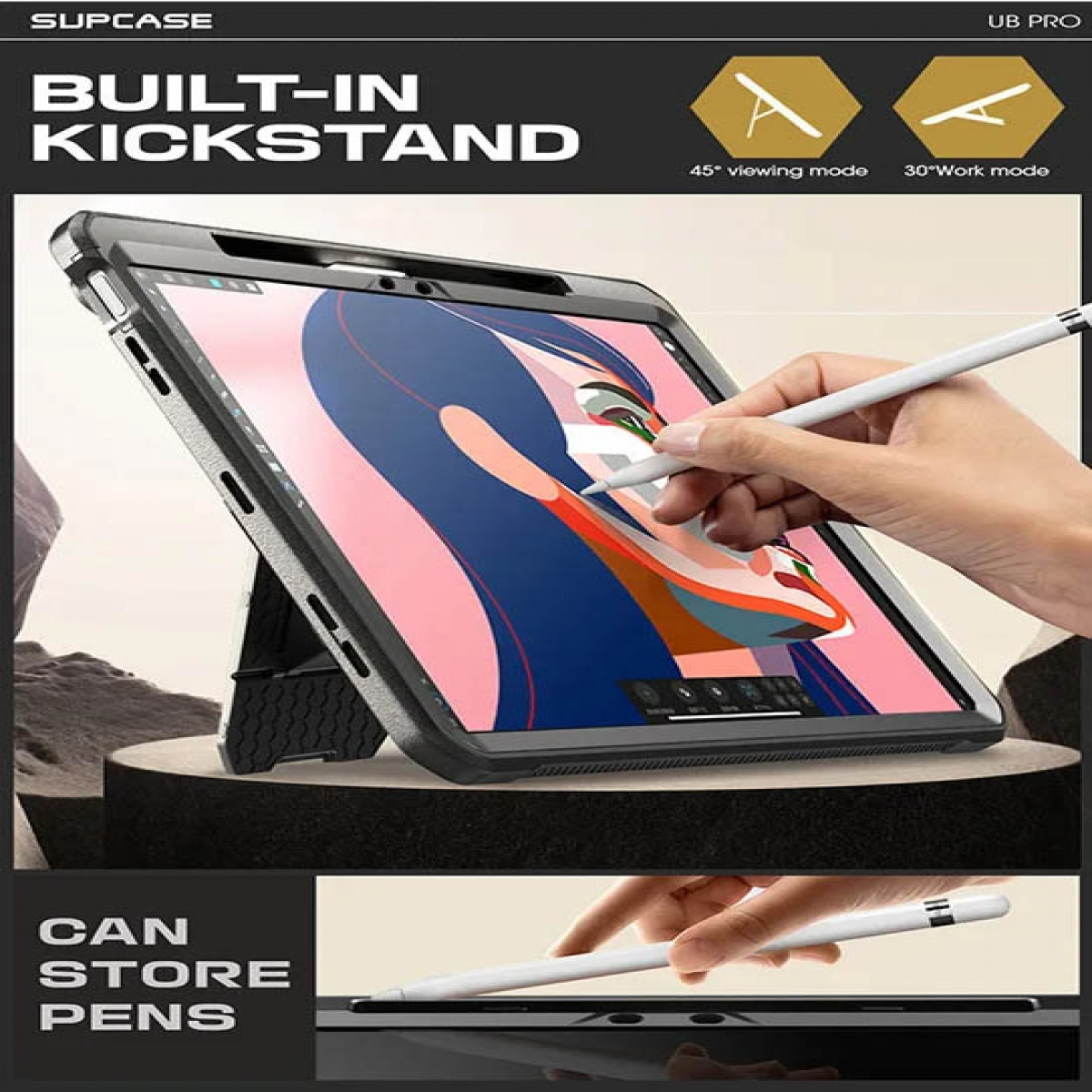 Tablet in einer Hülle mit Ständer, eine Hand hält einen Stift, mit Text über Stiftaufbewahrung.