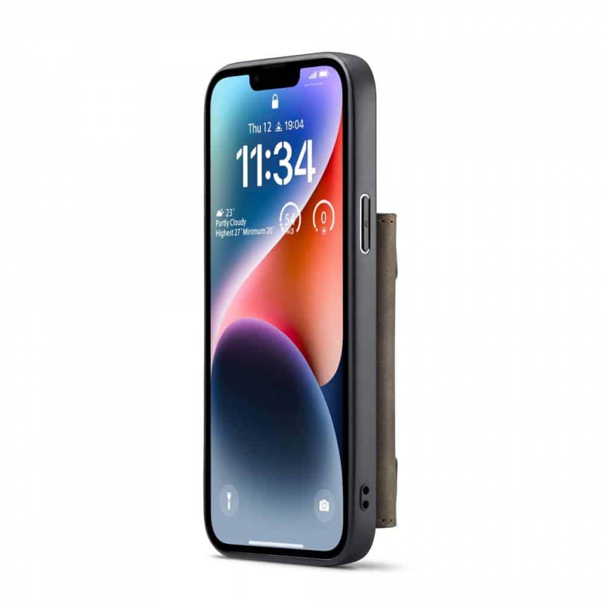 Schwarzes Telefon mit Bildschirm, der Zeit und Wetter anzeigt. Telefon in grauer Hülle mit Kartenhalter.