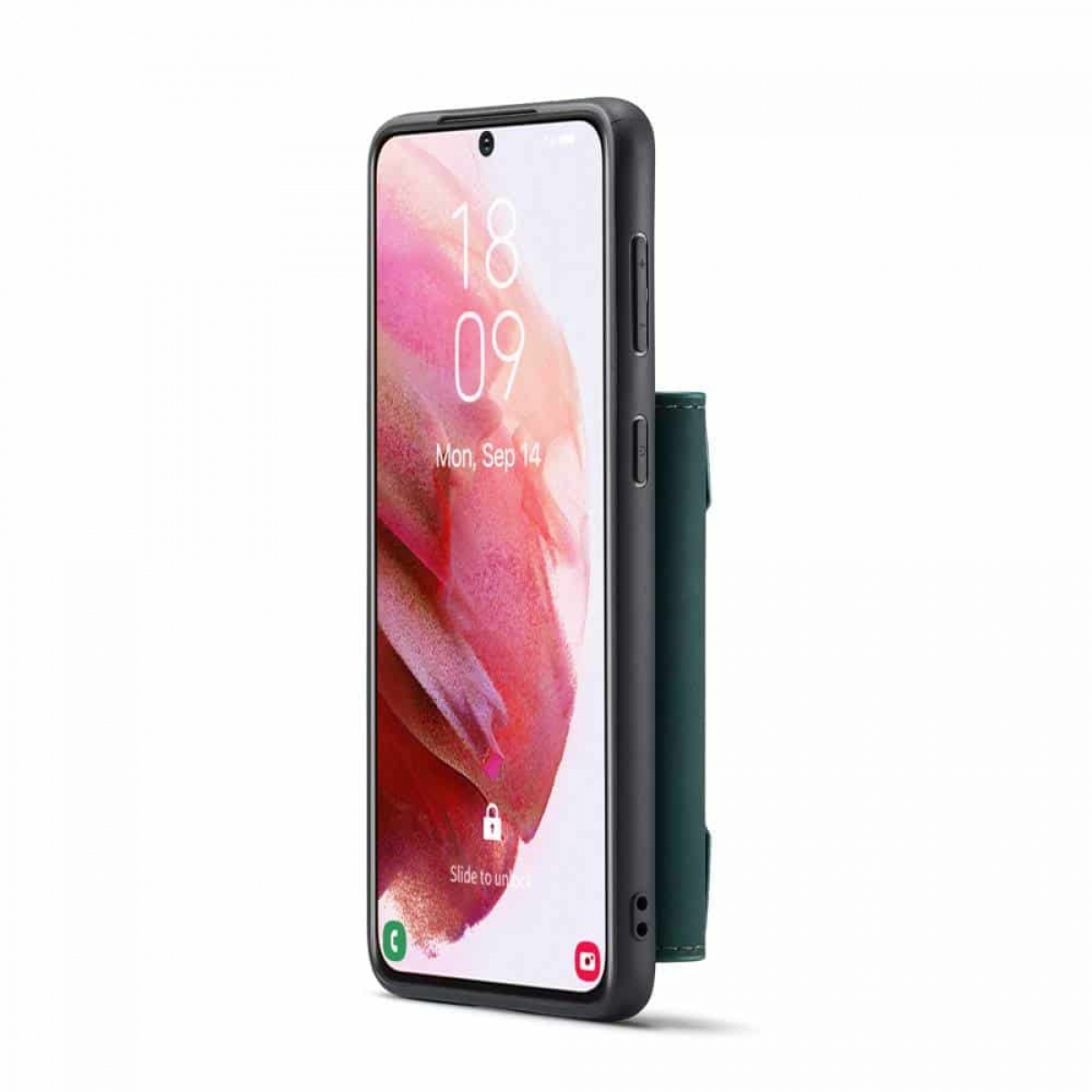 Telefon in grüner Hülle, mit Datum auf dem Bildschirm. Die Hülle ist geöffnet.