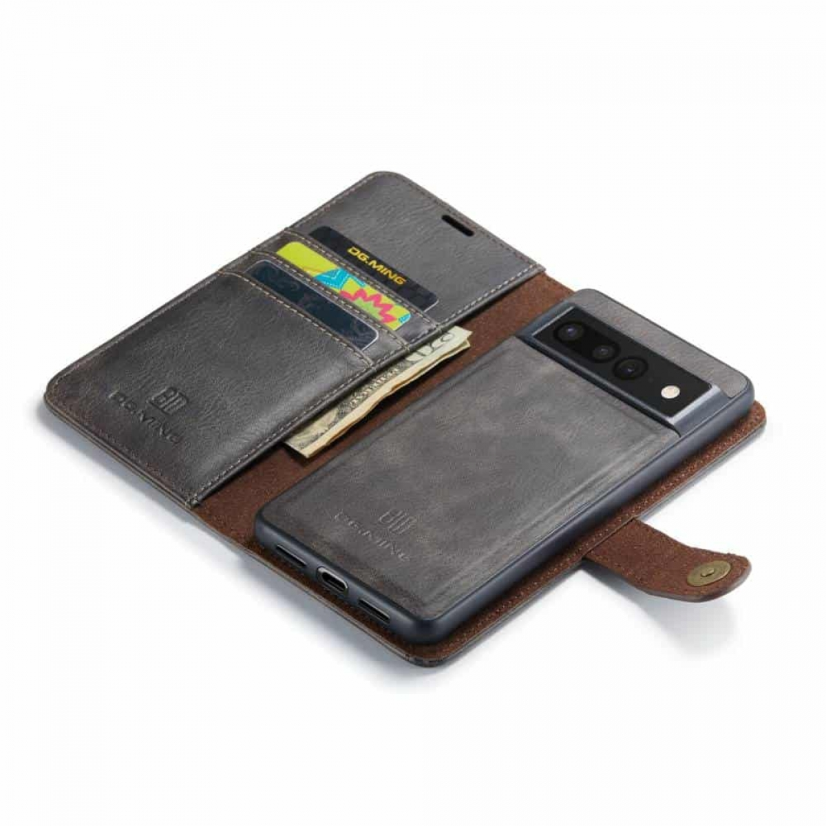 Graues Handycase mit Kartenfächern und Geld, geöffnet auf weißer Oberfläche.