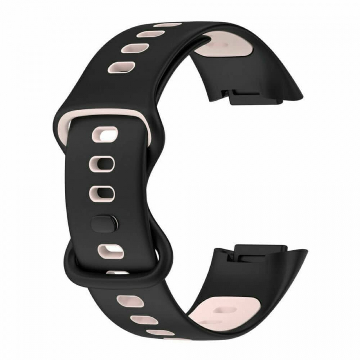 Schwarzes Uhrenarmband mit weißen Akzenten und mehreren Löchern.