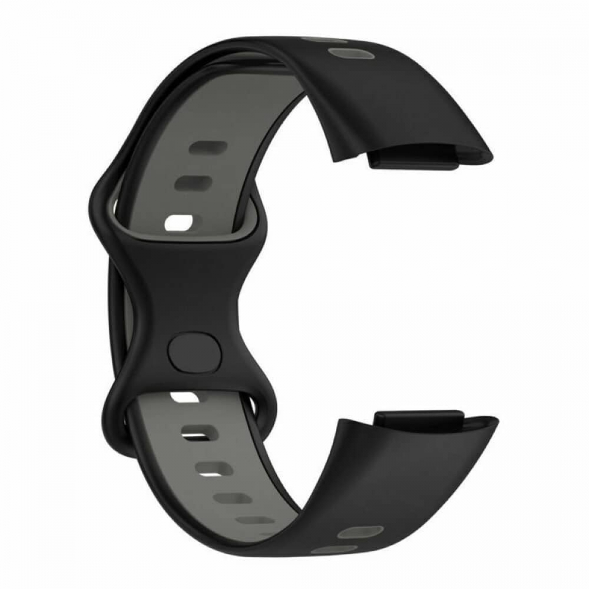 Schwarzes und graues Smartwatch-Armband mit geschwungenem Design. Das Armband ist aus Silikon.
