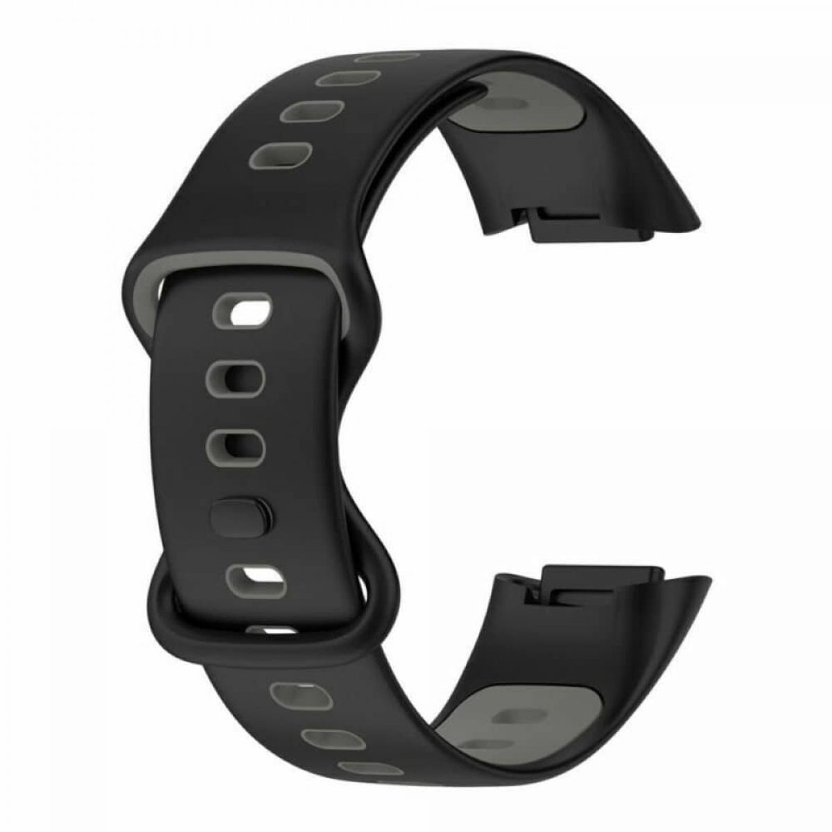 Schwarzes Smartwatch-Armband. Das Armband ist gebogen mit Löchern und einem grauen Innenraum. Nahaufnahme.