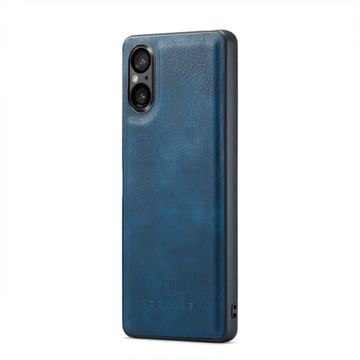 Blaue Handyhülle mit Kameralinsen, Lederstruktur. Das Telefon befindet sich auf weißem Hintergrund.
