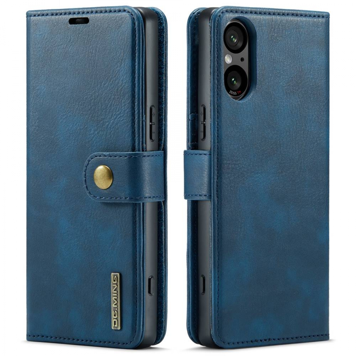 Eine blaue Handyhülle mit Knopfverschluss und dem Telefon darin. Mit DG.MING Logo.