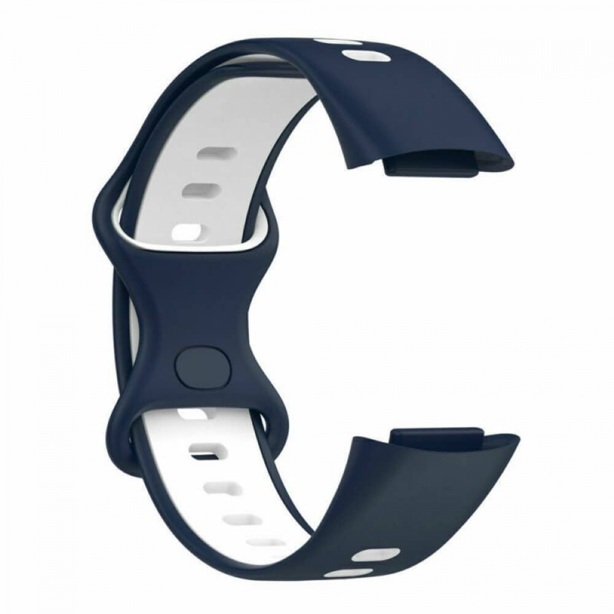 Ein dunkelblaues und weißes Uhrenarmband. Es hat ein geschwungenes Design und einen Verschluss.