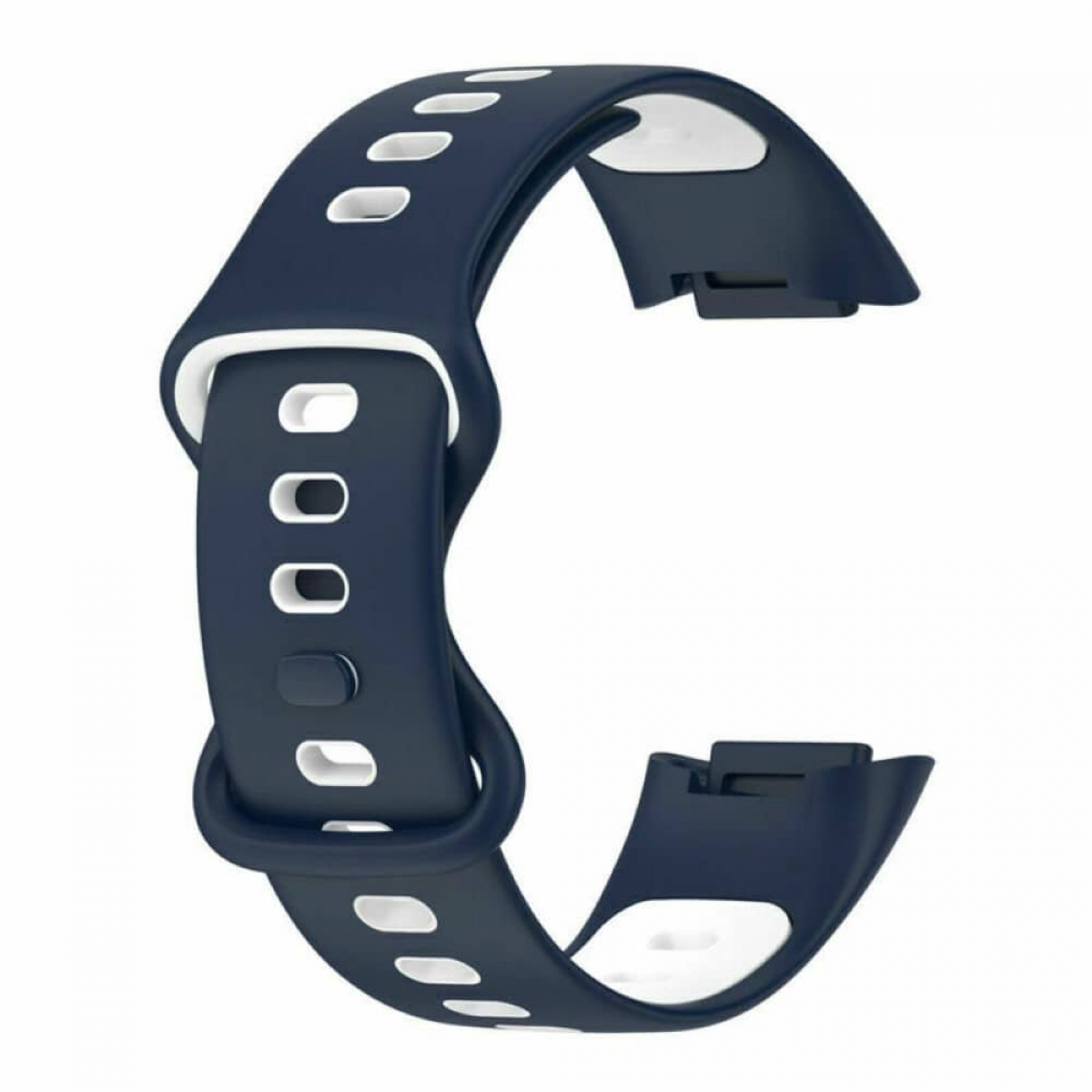 Blau-weißes Uhrenarmband. Es hat Löcher zur Anpassung und ist aus Gummi.