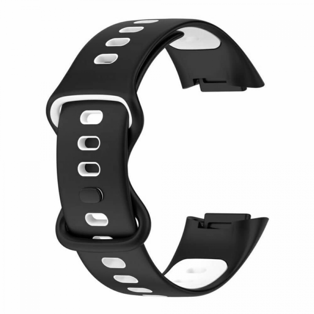 Ein schwarz-weißes Uhrenarmband. Das Armband ist gebogen mit weißen Details und Löchern.