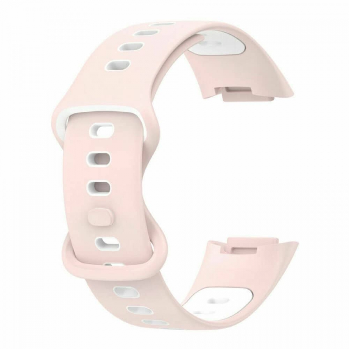 Rosa und weißes Uhrenarmband. Das Armband hat eine gebogene Form mit Löchern und zwei Befestigungspunkten.
