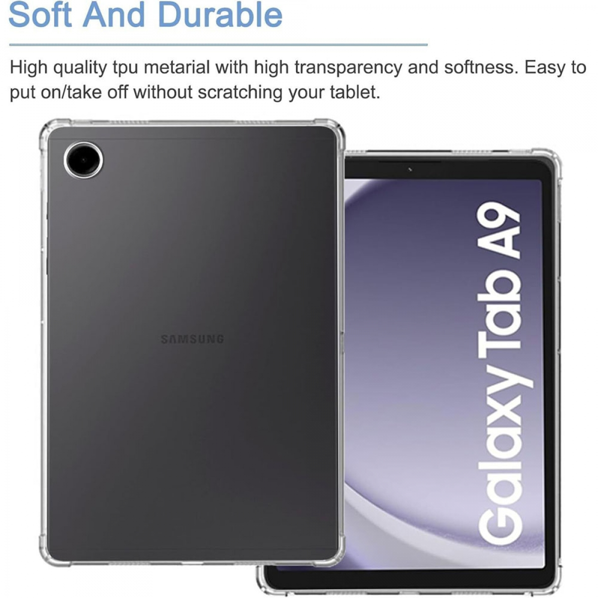 Eine transparente Tablethülle mit einem Tablet im Inneren, die die Rückseite des Tablets zeigt.