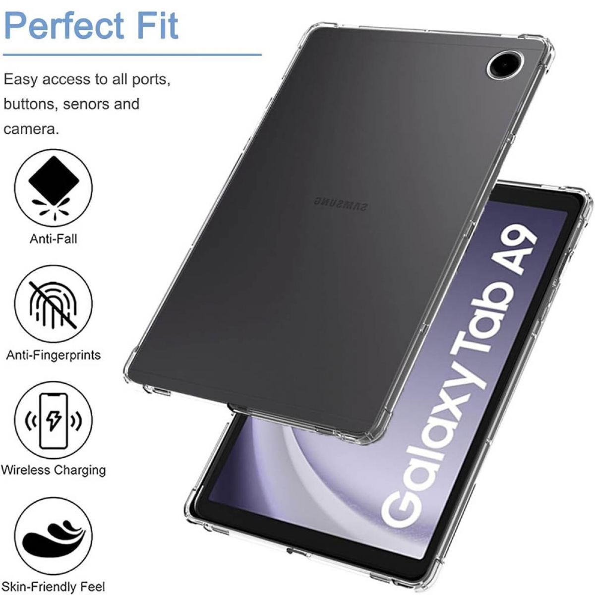Transparente Tablethülle auf einem Tablet mit dem Text "Galaxy Tab A9".