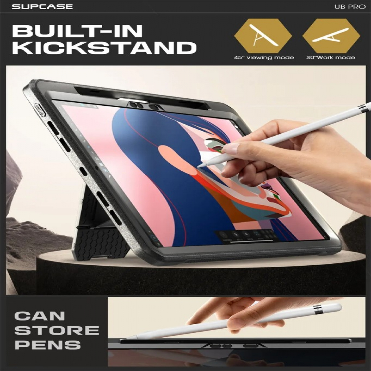 Custodia nera per tablet con supporto e mano che tiene uno stilo.