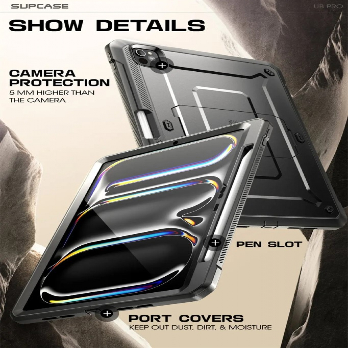 Custodia per tablet con protezione fotocamera, alloggiamento per penna e coperture per porte, che mostra i dettagli.