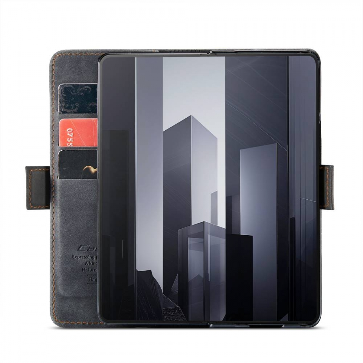 Graue Handyhülle mit Karten. Das Telefon zeigt ein Bild von Gebäuden in einer Stadt.