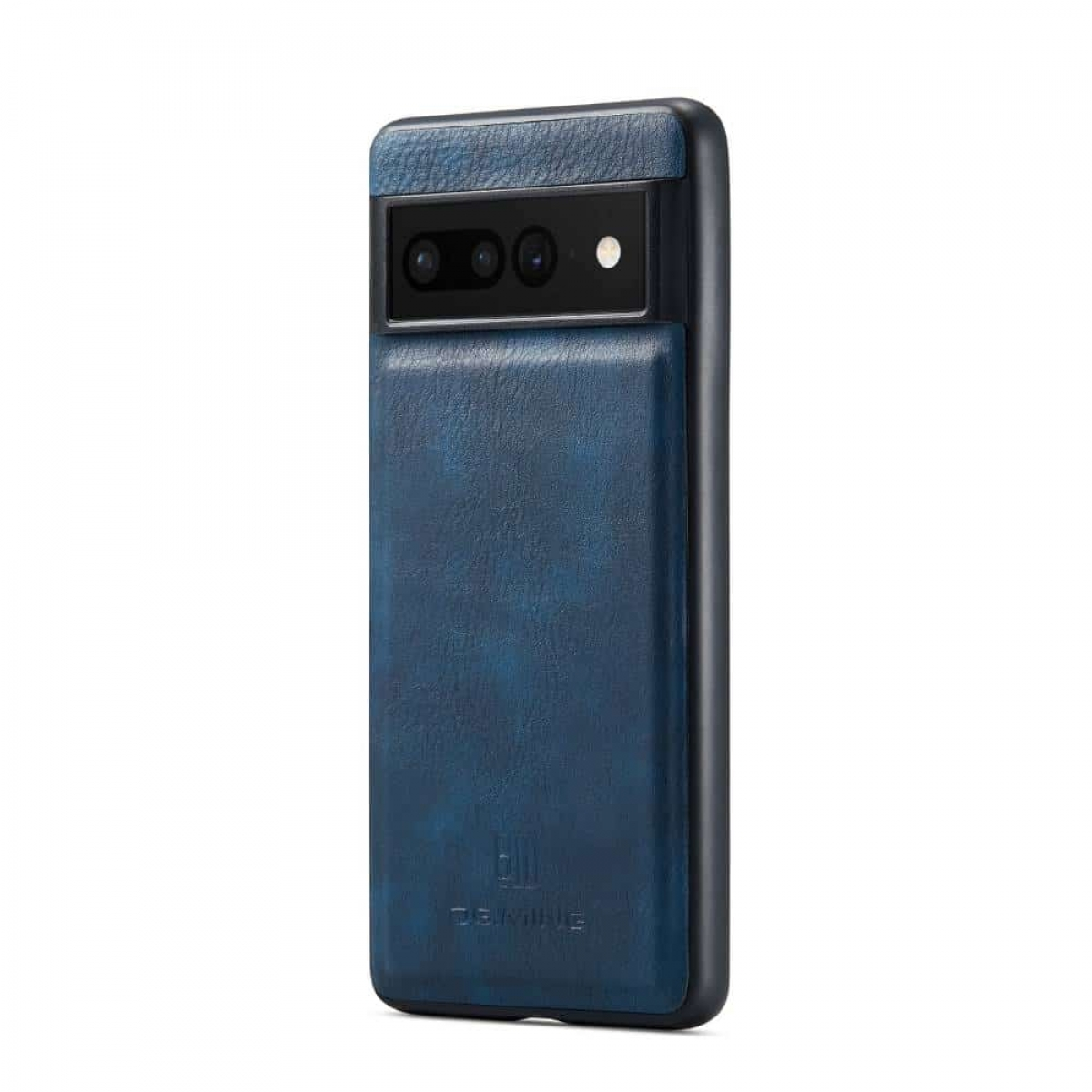 Blaue Leder-Handyhülle für ein Telefon mit Dreifachkamera. Die Hülle hat das DG.MING-Logo.