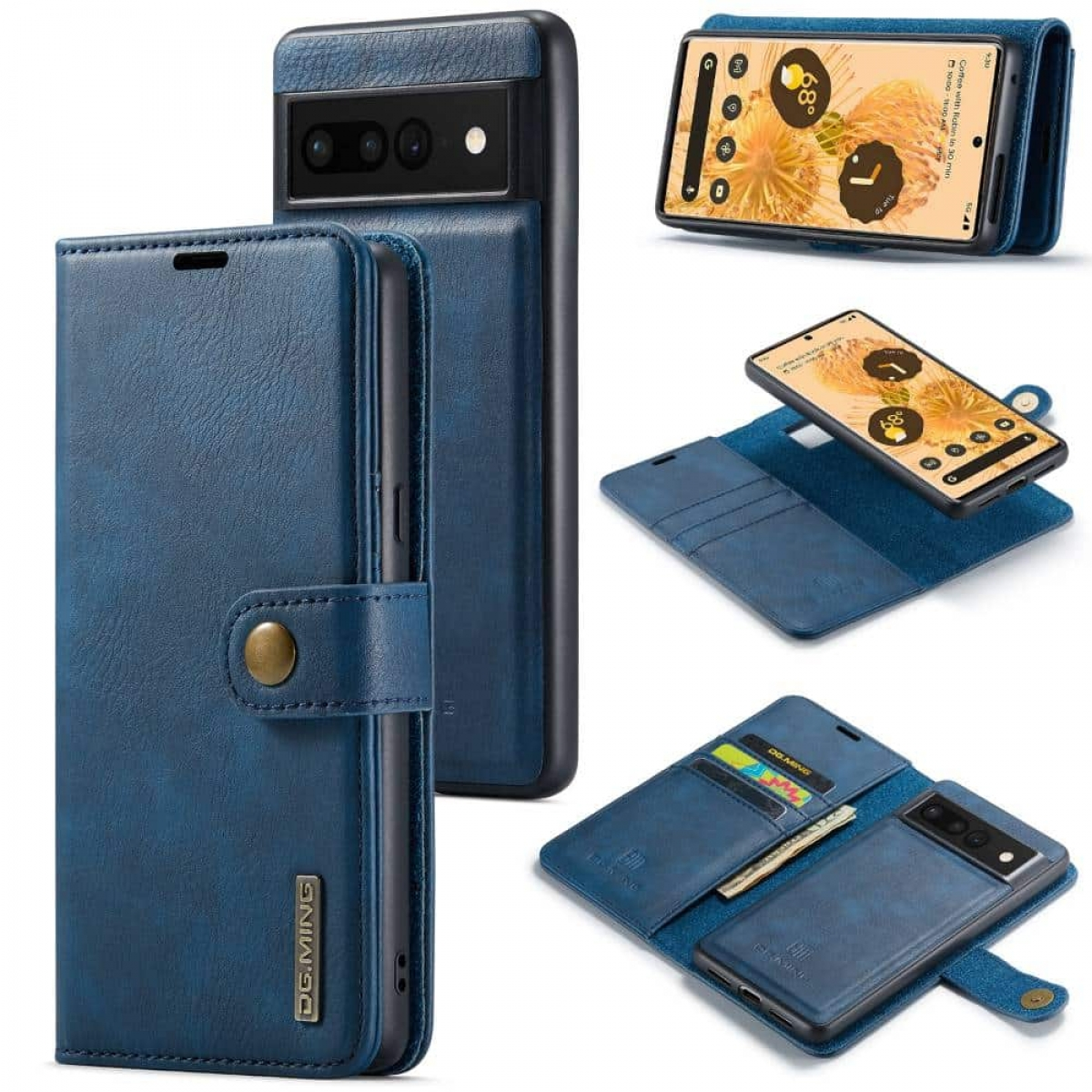 Blaues Handyhüllen-Portemonnaie, offen und geschlossen. Telefon im Etui, Karten und Stift innen.