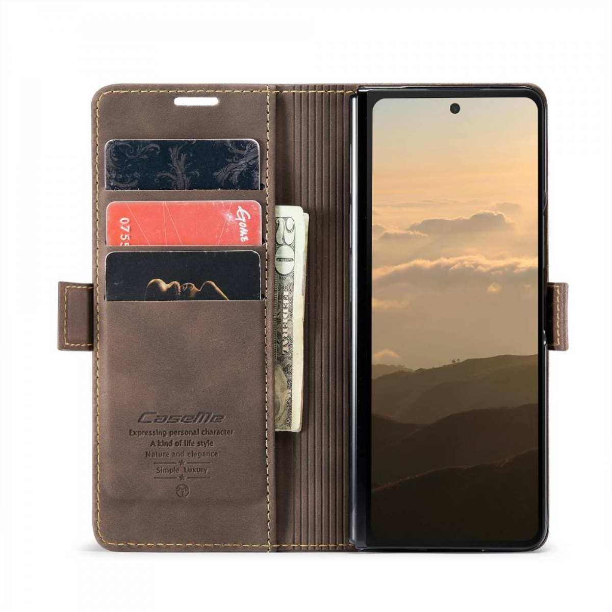 Braune Leder-Handyhülle mit Kartenfächern und einem Geldfach. Telefon ist rechts.