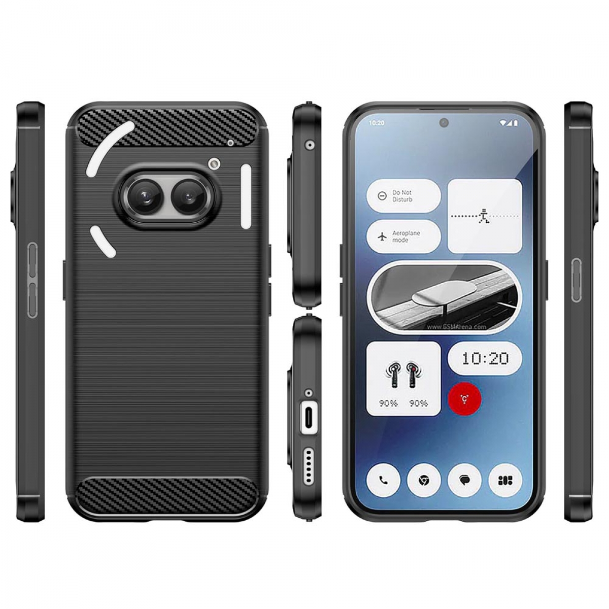 Eine schwarze Handyhülle mit Karbonfaser-Design und einem Telefon darin.