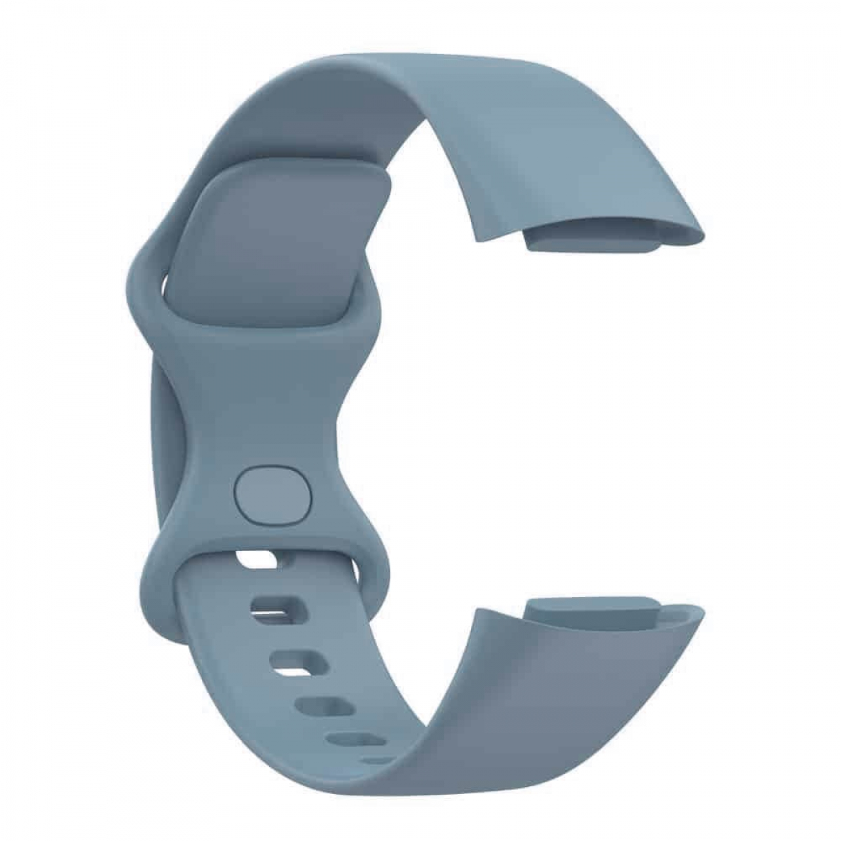 Ein hellblaues Silikon-Uhrenarmband wird gezeigt, mit einer Schlaufe und einem Verschluss-Design auf weißer Oberfläche.