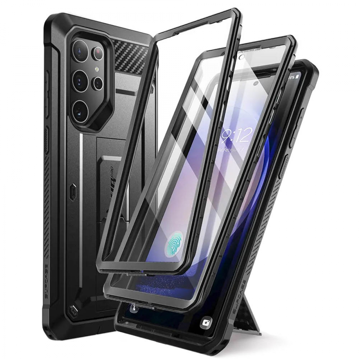 Schwarze Handyhülle mit klarem Displayschutz. Das Telefon steht auf einem Ständer.
