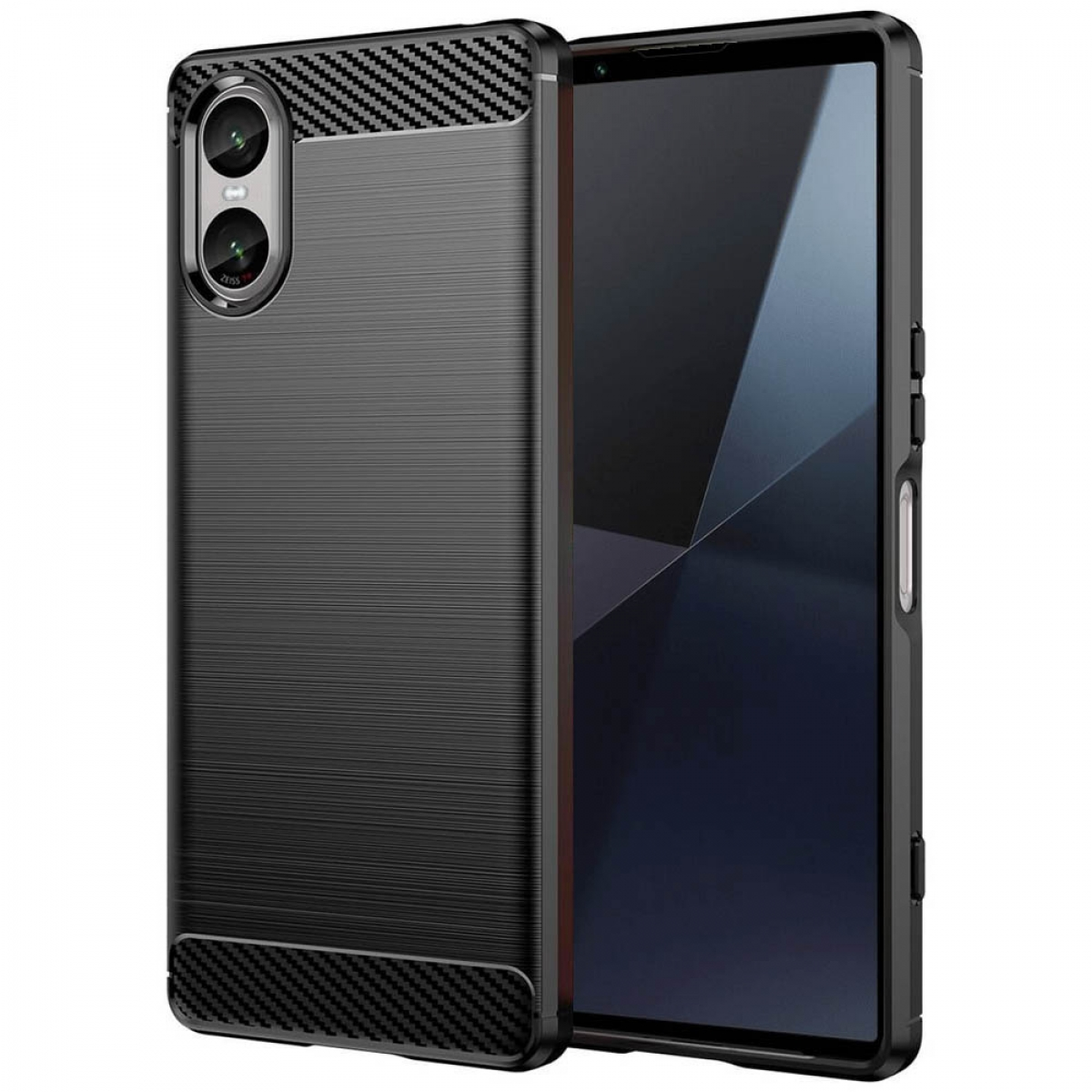 Schwarze Handyhülle mit strukturierter Rückseite und Telefon mit schwarzem Bildschirm.