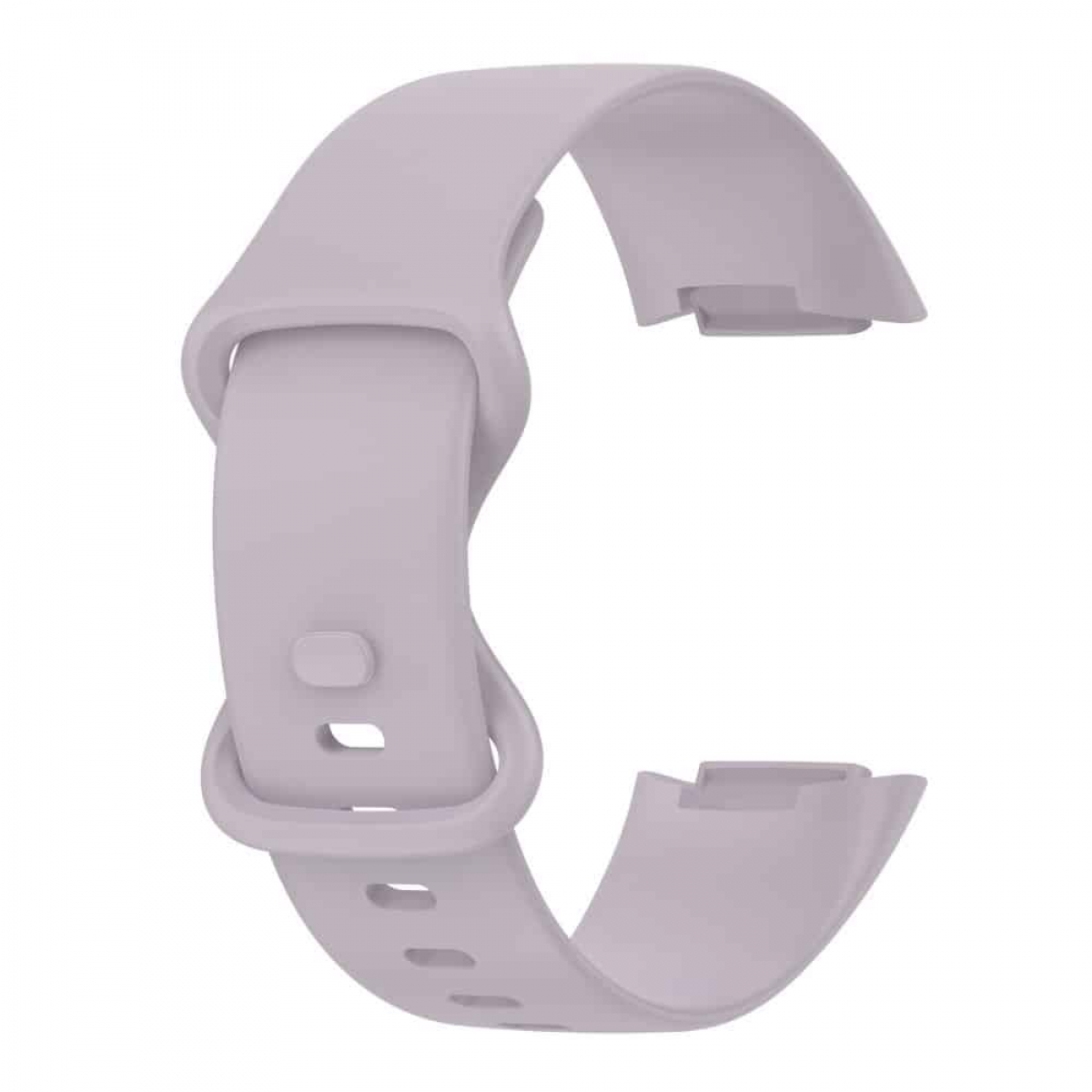 Lavendelfarbenes Uhrenarmband, flach liegend. Das Band hat eine Schnalle und Löcher.