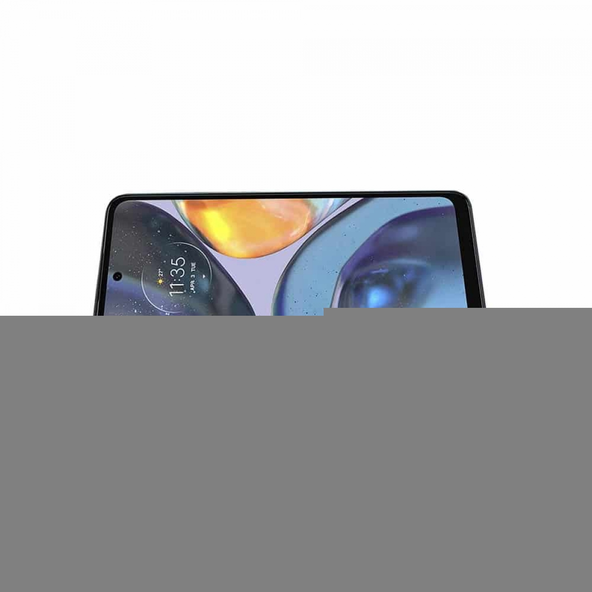 Ein Telefon, das einen Bildschirm mit einer Uhr und einem blau-orangen Hintergrund anzeigt.