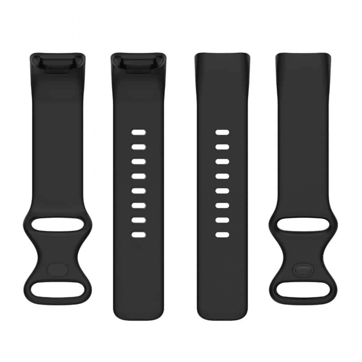 Vier schwarze Uhrenarmbänder. Die Armbänder sind in einer Reihe mit weißen Punkten. Weißer Hintergrund.