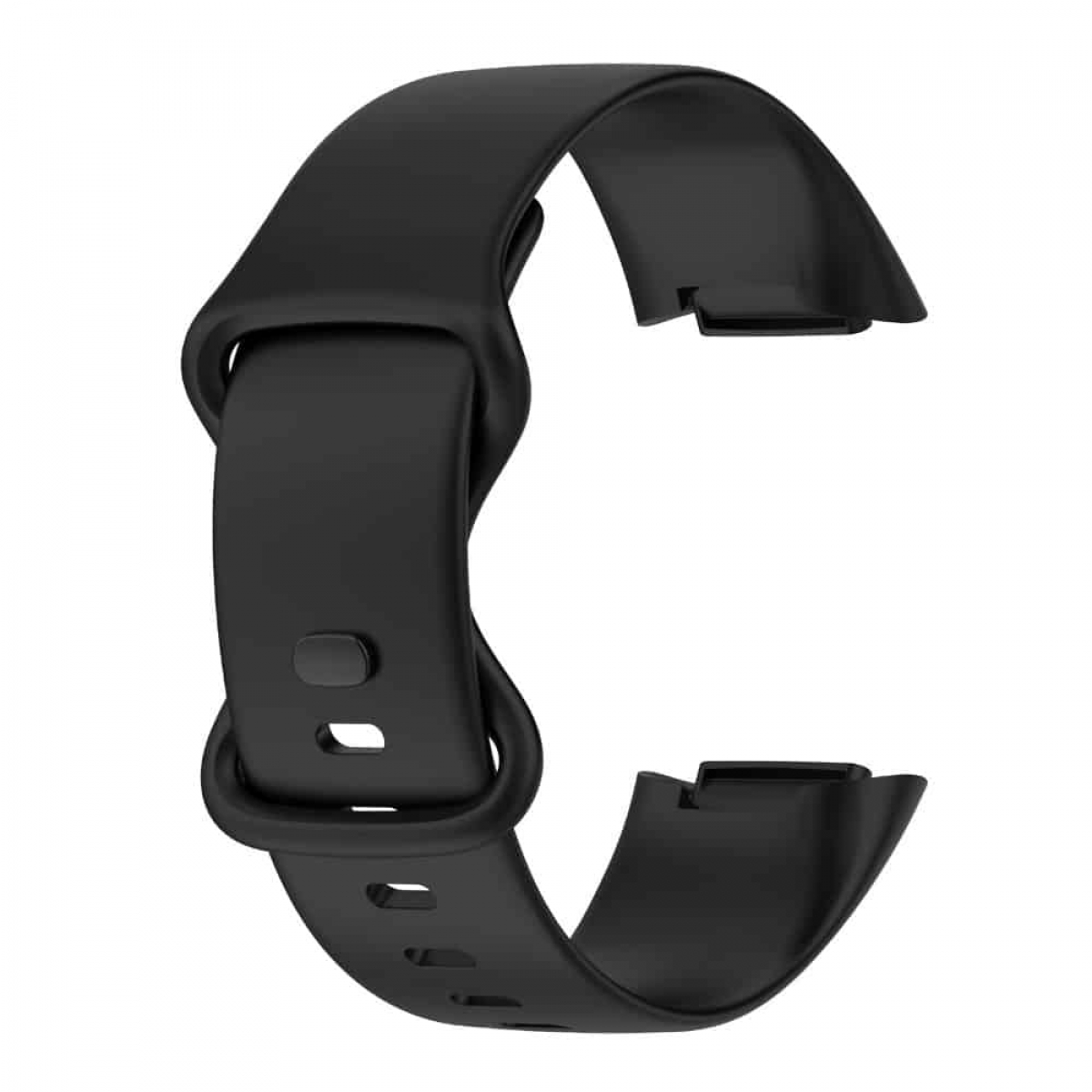 Schwarzes Uhrenarmband. Das Armband hat eine gebogene Form mit einem Verschluss. Das Armband besteht aus Gummiähnlichem Material.