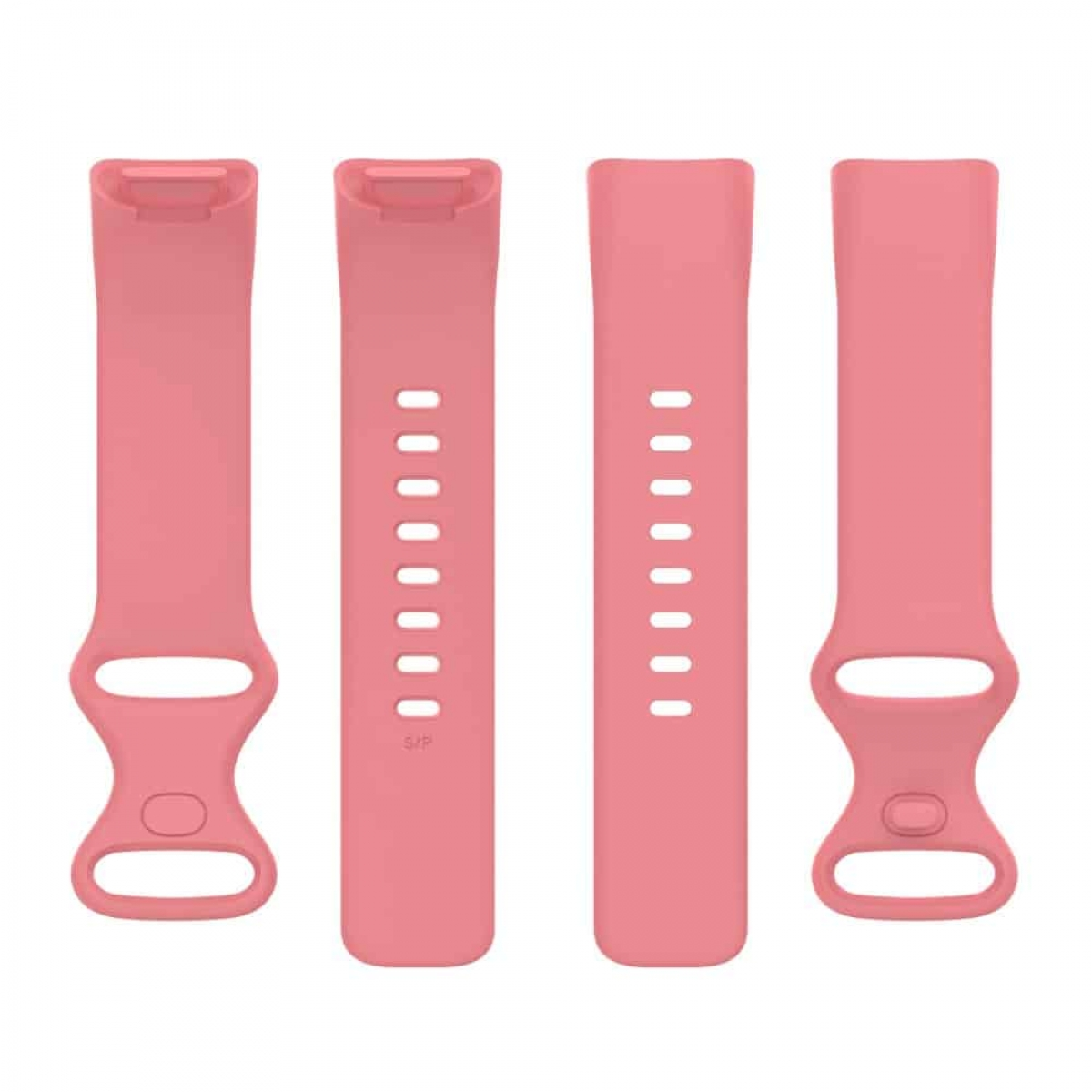 Vier rosa Uhrenarmbänder. Zwei mit Löchern und zwei ohne. Weißer Hintergrund.