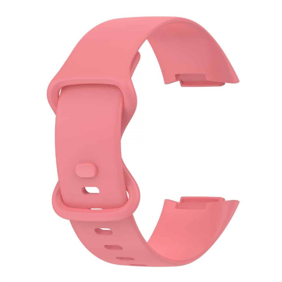 Rosa Uhrenarmband. Das Armband ist gebogen und hat eine Schnalle. Es ist hellrosa.