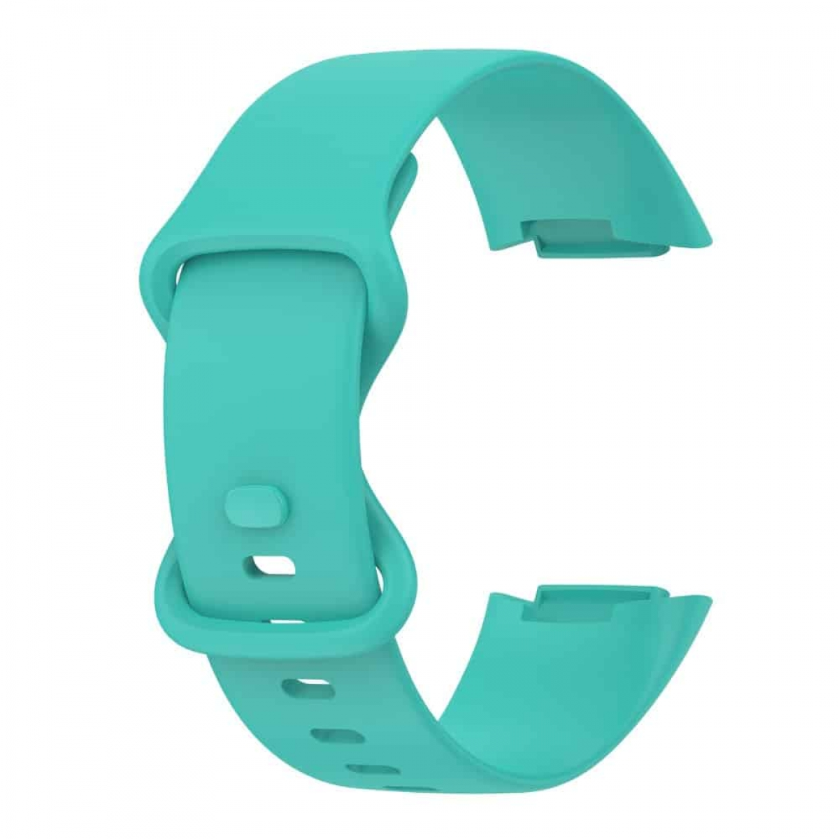 Ein hellgrünes Silikon-Uhrenarmband mit Schlaufe und Verschluss wird vor weißem Hintergrund gezeigt.