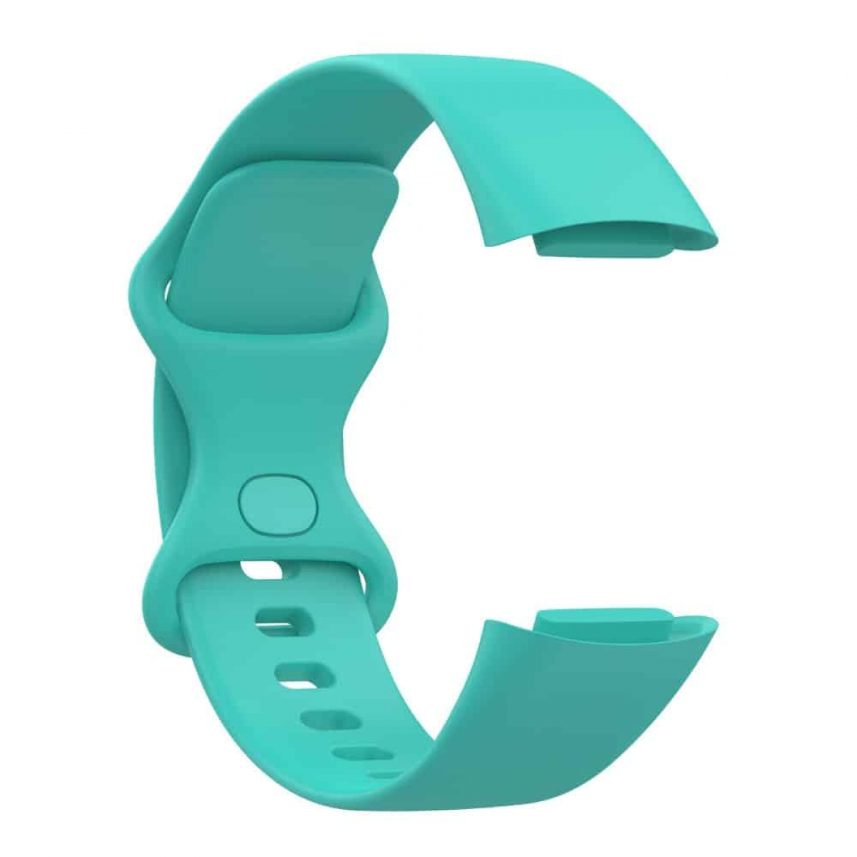 Ein türkisfarbenes Armband. Es besteht aus Gummi und hat ein gebogenes Design mit Schlitzen zur Anpassung.