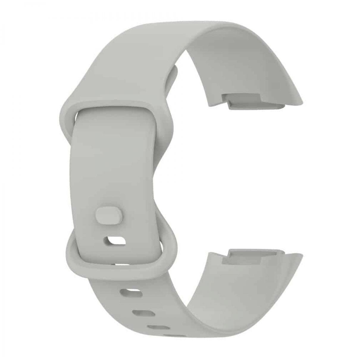 Hellgraues Armband, C-förmig gebogen, mit sichtbaren Befestigungspunkten.