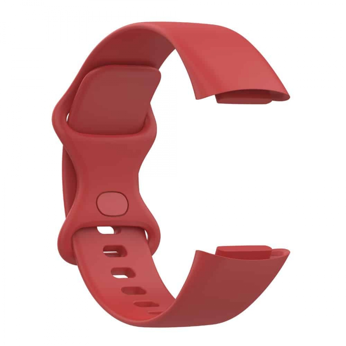 Ein rotes Armband mit Verschluss auf der linken Seite. Das Band ist gebogen und glänzend.