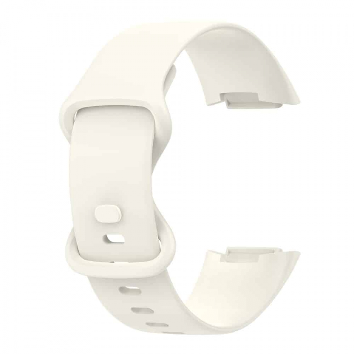 Ein weißes Silikon-Uhrenarmband. Es ist gebogen und hat eine Schnalle und Löcher zur Anpassung.