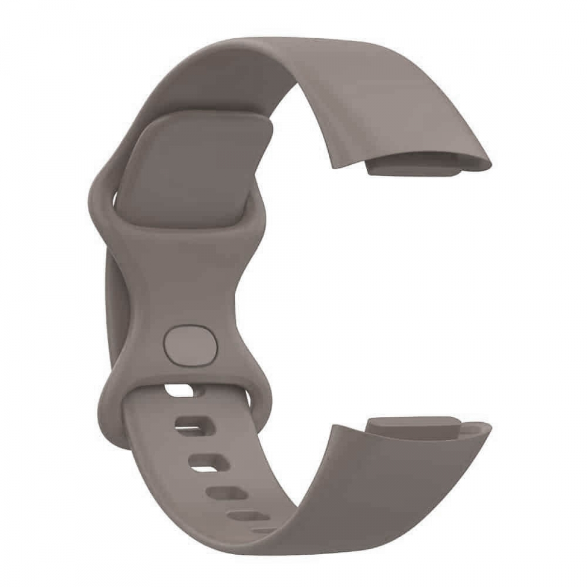 Ein hellbraunes Uhrenarmband, gebogen, mit Löchern und einem Verbinder.