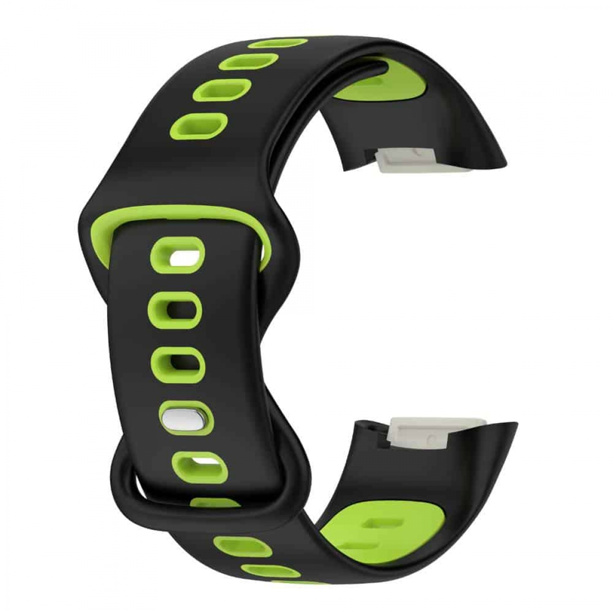 Schwarzes und grünes Smartwatch-Armband mit Löchern. Zwei weiße Anschlüsse an den Enden.