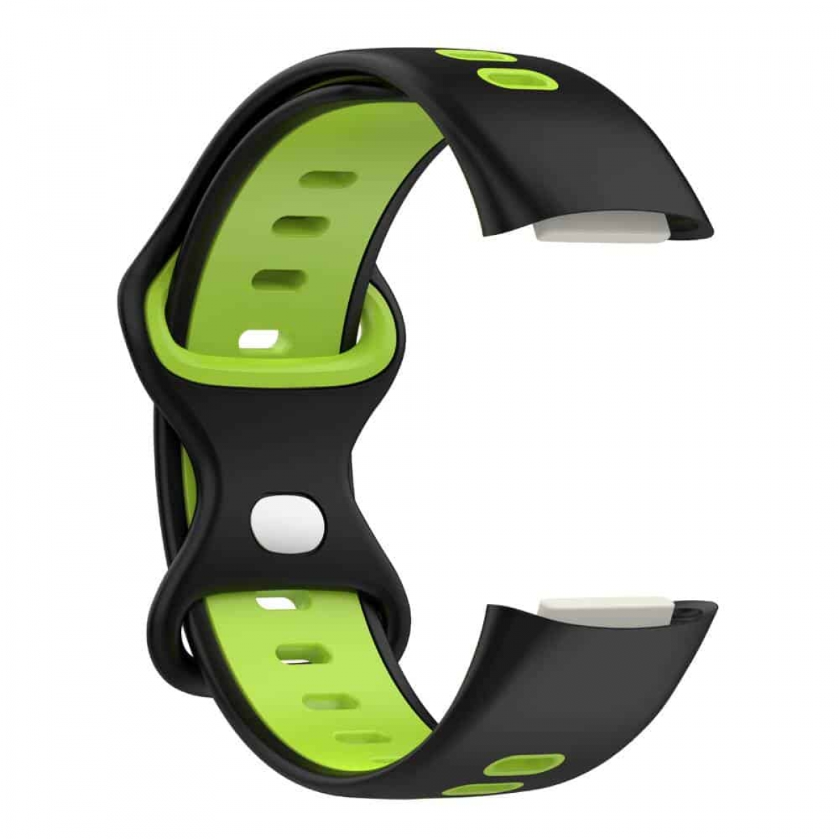 Ein gebogenes, schwarz-grünes Uhrenarmband. Das Band zeigt die Punkte, an denen es mit der Uhr verbunden ist.