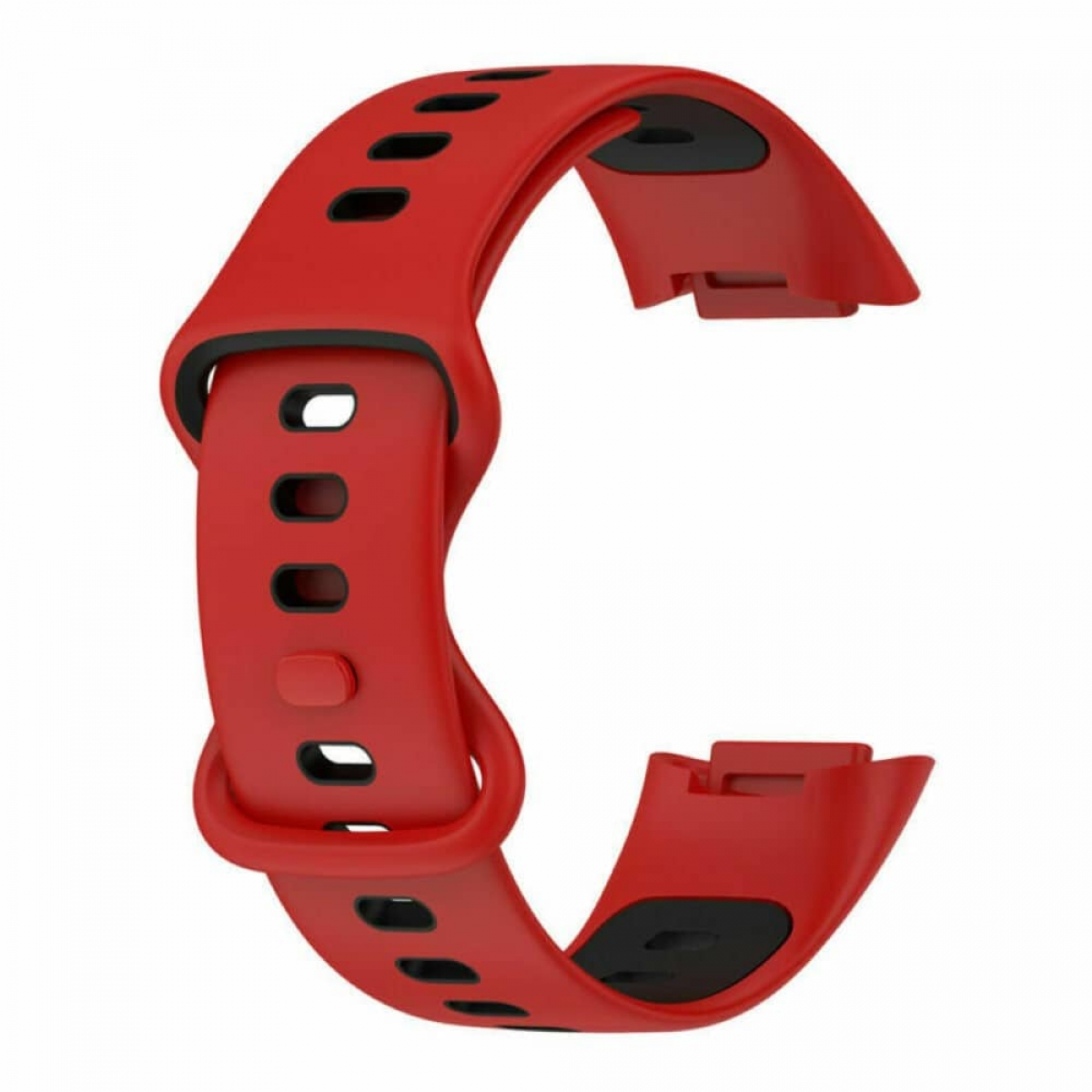 Rotes Uhrenarmband mit schwarzen Akzenten und mehreren Löchern.