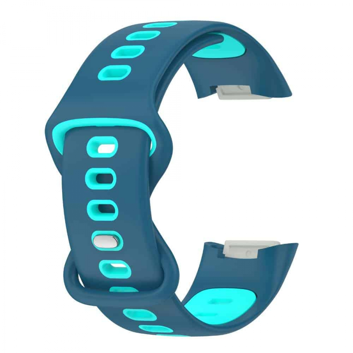 Blaues und türkisfarbenes Smartwatch-Armband mit Löchern und gebogenem Design.