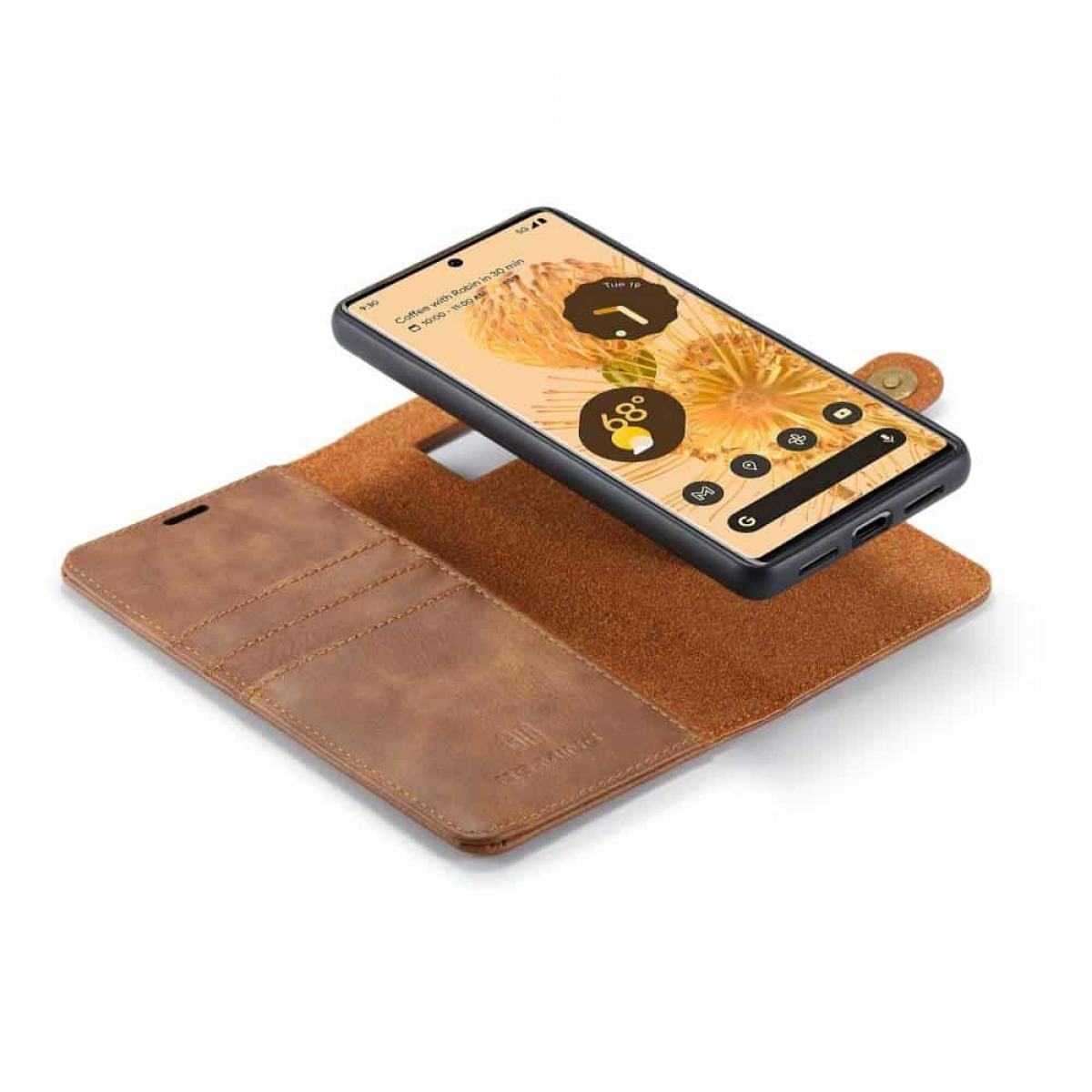 Ein Telefon in einer offenen braunen Lederhülle. Die Hülle hat Kartenfächer. Ein Telefon liegt auf der Hülle.