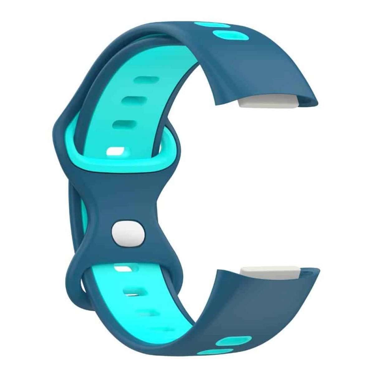 Blaues und türkisfarbenes Smartwatch-Armband, mit geschwungenem Design und mehreren Löchern zur Anpassung.