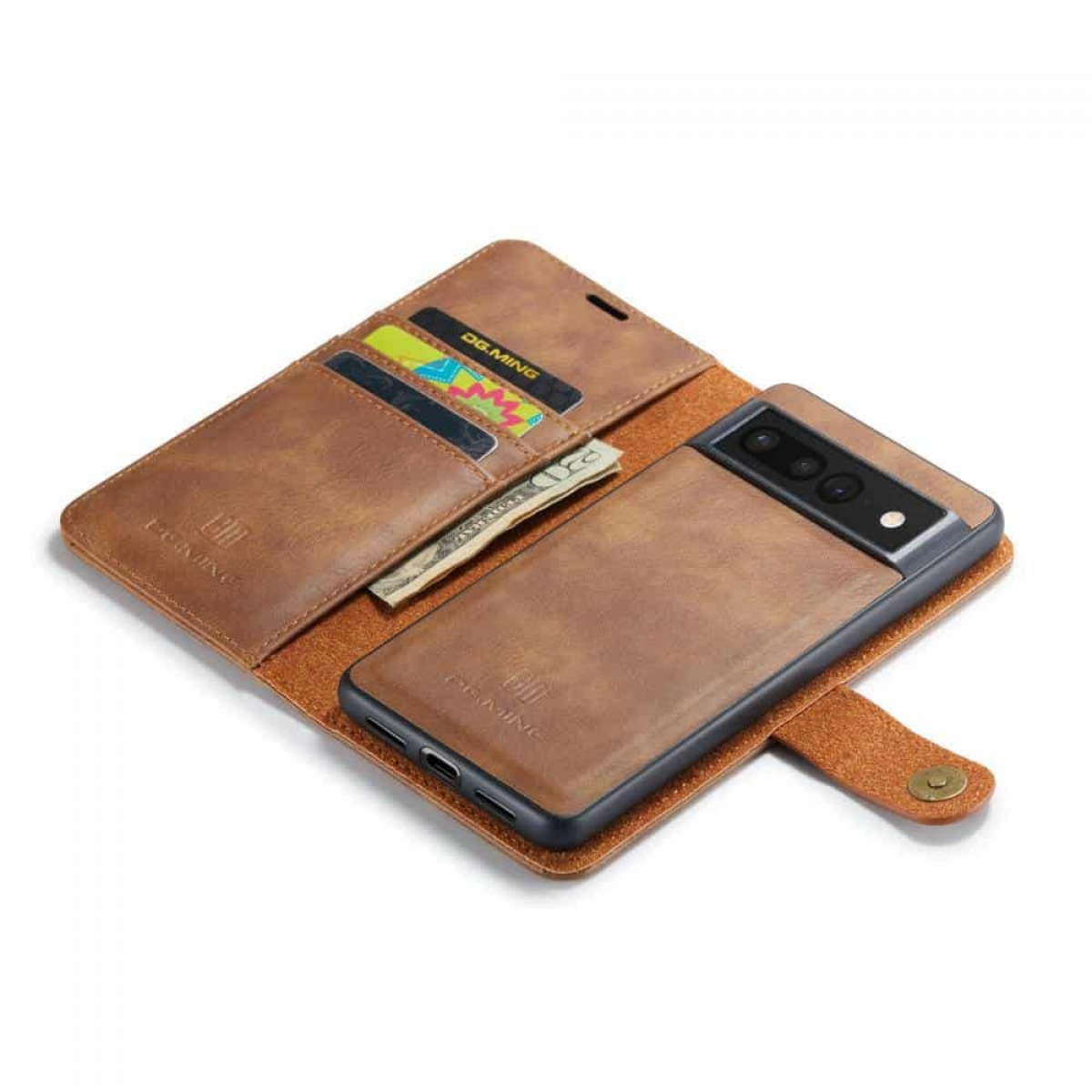 Handyhülle mit Telefon, Karten- und Geldfächern, braune Lederaußenseite.